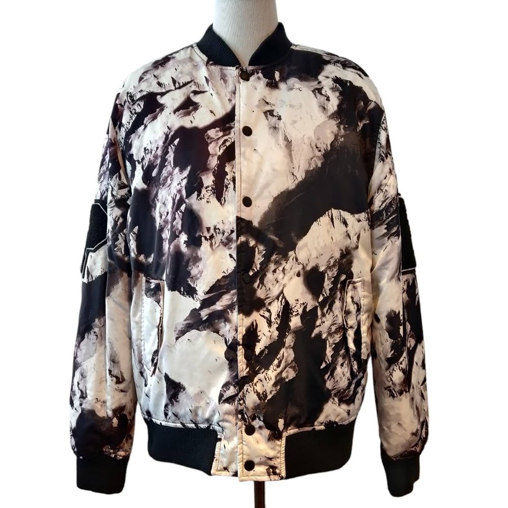 Punk Royal Mens Black White Marbled Tie Dye Snaps Arm Patches Bomber Jacket L - Picture 1 of 11